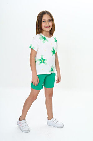 Toontoy Kız Çocuk Garni Çiçek Baskılı Şortlu Takım