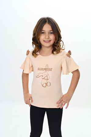 Toontoy Kız Çocuk Fiyonklu Tavşan Baskılı Tişört