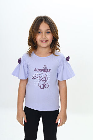 Toontoy Kız Çocuk Fiyonklu Tavşan Baskılı Tişört