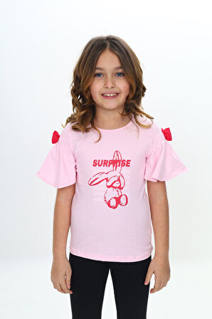 Toontoy Kız Çocuk Fiyonklu Tavşan Baskılı Tişört