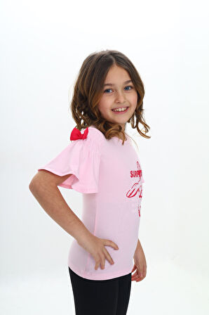 Toontoy Kız Çocuk Fiyonklu Tavşan Baskılı Tişört