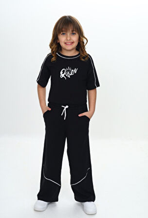 Toontoy Kız Çocuk Queen Baskılı Crop Eşofman Takım