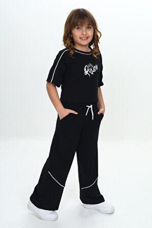 Toontoy Kız Çocuk Queen Baskılı Crop Eşofman Takım