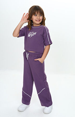 Toontoy Kız Çocuk Queen Baskılı Crop Eşofman Takım