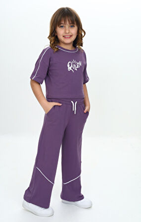 Toontoy Kız Çocuk Queen Baskılı Crop Eşofman Takım