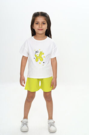 Toontoy Kız Çocuk Anımal Balon Baskılı Şortlu Takım