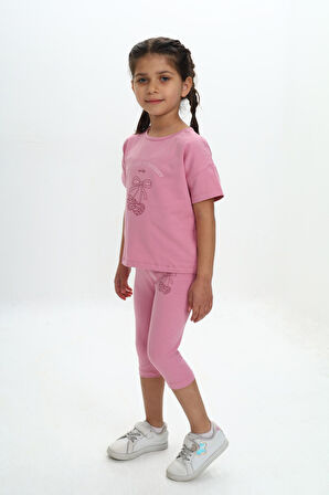 Toontoy Kız Çocuk Kalpli Fiyonk Baskılı Kaprili Takım