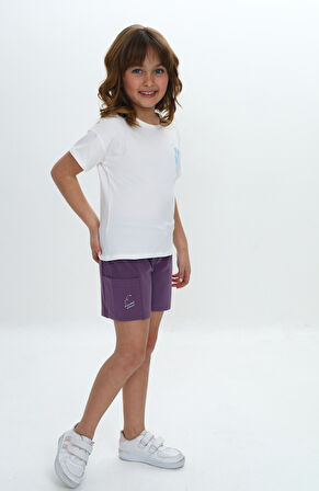 Toontoy Kız Çocuk Göğsü Çiçek Yazı Baskılı Şortlu Takım