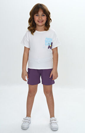 Toontoy Kız Çocuk Göğsü Çiçek Yazı Baskılı Şortlu Takım