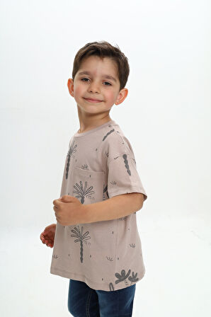 Toontoy Erkek Çocuk Göğsü Cepli Palmiye Baskılı Tişört