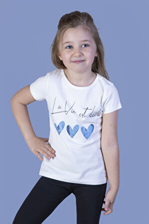 Toontoy Kız Çocuk Kalp Desenli Yazı Baskılı Taş İşlemeli Tişört