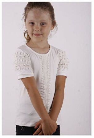 Toontoy Kız Çocuk Güpür Detaylı Tişört