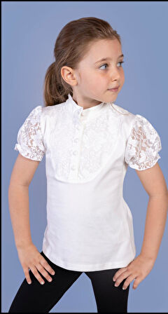 Toontoy Kız Çocuk Önü Dantelli Düğmeli Okul Tişört