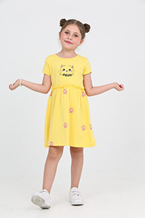 Toontoy Kız Çocuk Kedi Baskılı Elbise