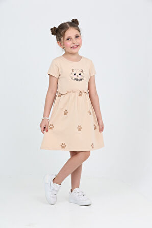 Toontoy Kız Çocuk Kedi Baskılı Elbise
