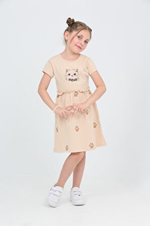 Toontoy Kız Çocuk Kedi Baskılı Elbise