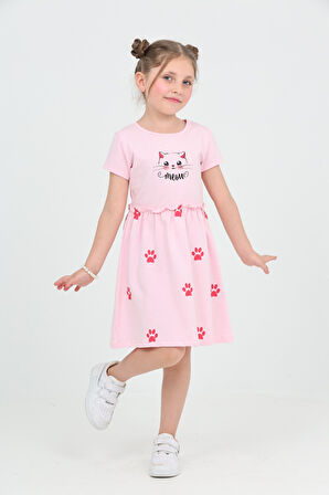 Toontoy Kız Çocuk Kedi Baskılı Elbise
