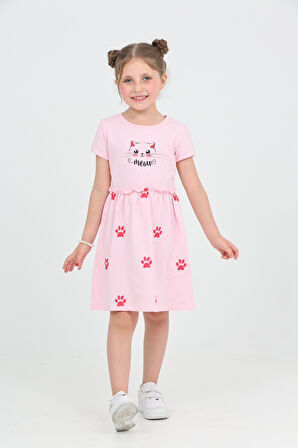Toontoy Kız Çocuk Kedi Baskılı Elbise