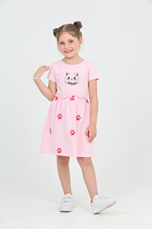 Toontoy Kız Çocuk Kedi Baskılı Elbise
