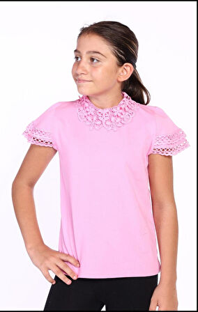 Toontoy Kız Çocuk Önü Dantelli Okul Tişört