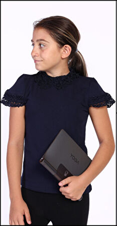 Toontoy Kız Çocuk Önü Dantelli Okul Tişört