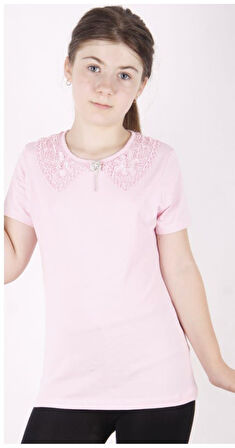 Toontoy Kız Çocuk Önü Dantelli Okul Tişört