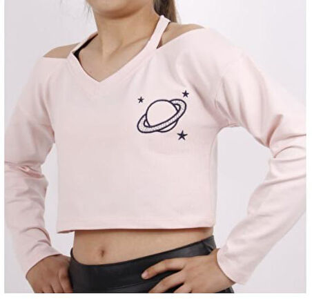 Toontoy Kız Çocuk Gezegen Baskılı Crop Tişört