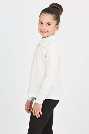 Toontoy Kız Çocuk Okul Dantel Yaka Tişört