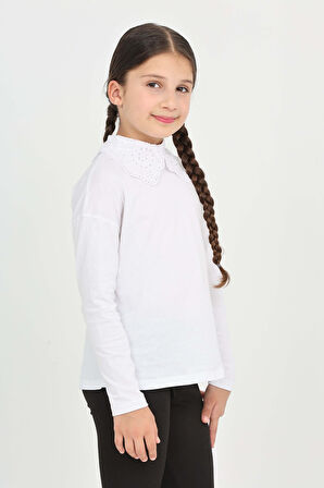 Toontoy Kız Çocuk Okul Dantel Yaka Tişört