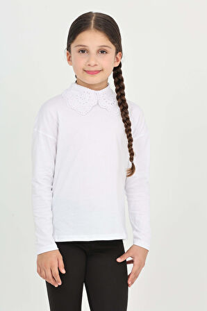 Toontoy Kız Çocuk Okul Dantel Yaka Tişört