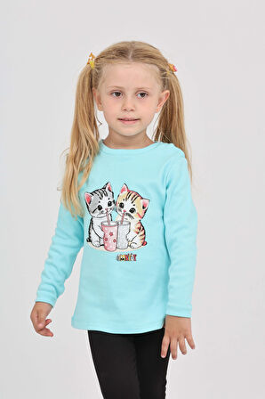 Toontoy Kız Çocuk İkili Kedi Baskılı Sweatshirt