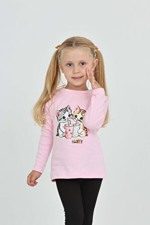 Toontoy Kız Çocuk İkili Kedi Baskılı Sweatshirt