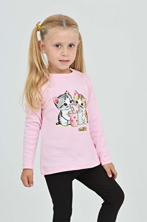 Toontoy Kız Çocuk İkili Kedi Baskılı Sweatshirt