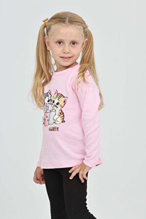 Toontoy Kız Çocuk İkili Kedi Baskılı Sweatshirt