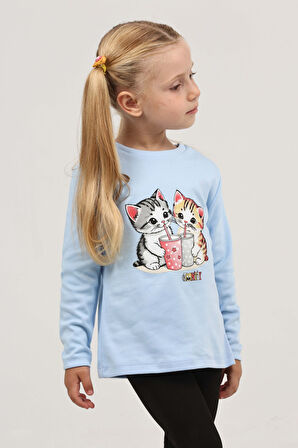 Toontoy Kız Çocuk İkili Kedi Baskılı Sweatshirt