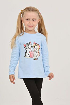 Toontoy Kız Çocuk İkili Kedi Baskılı Sweatshirt