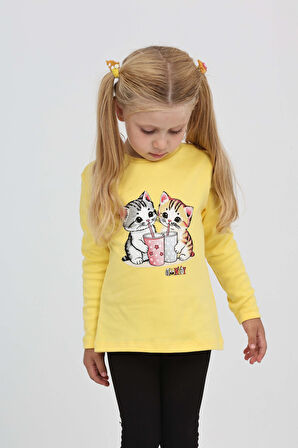 Toontoy Kız Çocuk İkili Kedi Baskılı Sweatshirt