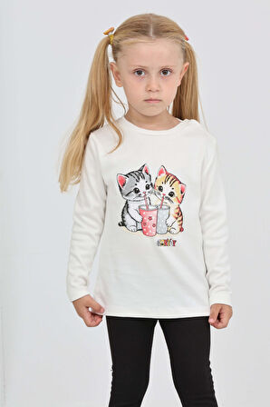 Toontoy Kız Çocuk İkili Kedi Baskılı Sweatshirt
