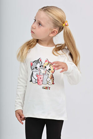 Toontoy Kız Çocuk İkili Kedi Baskılı Sweatshirt