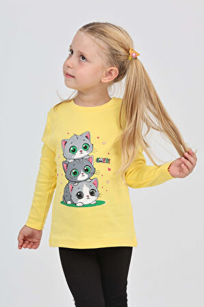 Toontoy Kız Çocuk Üçlü Kedi Baskılı Sweatshirt