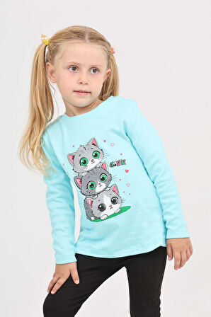 Toontoy Kız Çocuk Üçlü Kedi Baskılı Sweatshirt