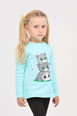 Toontoy Kız Çocuk Üçlü Kedi Baskılı Sweatshirt