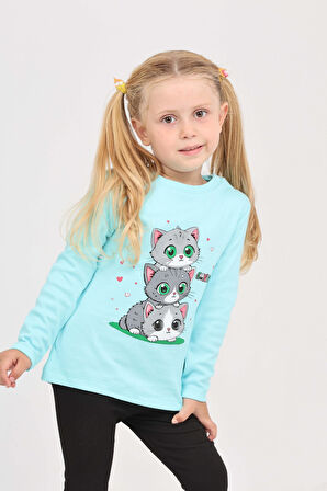 Toontoy Kız Çocuk Üçlü Kedi Baskılı Sweatshirt