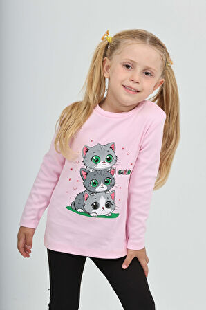 Toontoy Kız Çocuk Üçlü Kedi Baskılı Sweatshirt