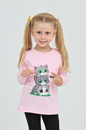 Toontoy Kız Çocuk Üçlü Kedi Baskılı Sweatshirt