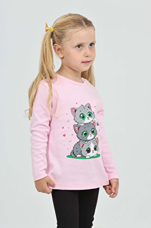 Toontoy Kız Çocuk Üçlü Kedi Baskılı Sweatshirt