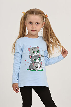 Toontoy Kız Çocuk Üçlü Kedi Baskılı Sweatshirt