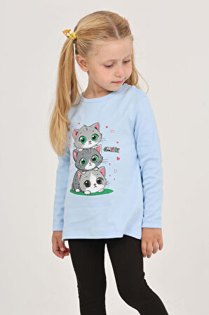 Toontoy Kız Çocuk Üçlü Kedi Baskılı Sweatshirt