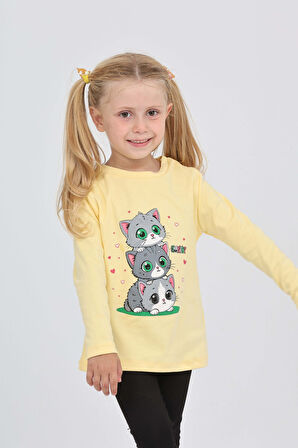 Toontoy Kız Çocuk Üçlü Kedi Baskılı Sweatshirt