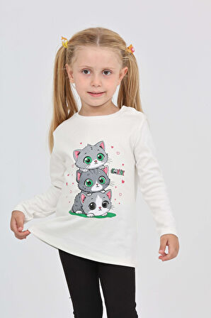 Toontoy Kız Çocuk Üçlü Kedi Baskılı Sweatshirt